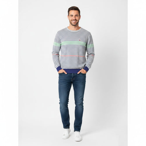 Armani Jeans Men XL Jumper Grey Cotton Striped Crew Neck Light Sweater
