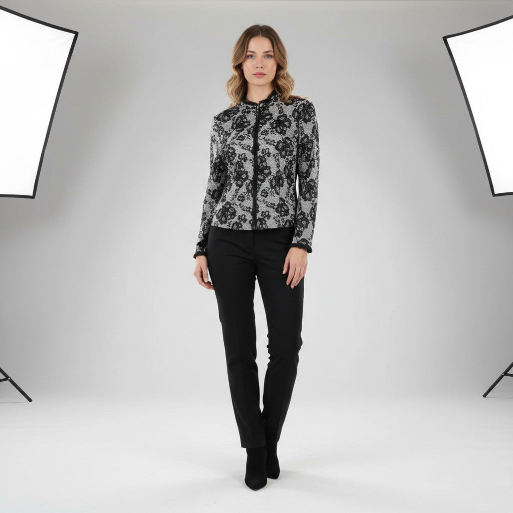 Joseph Ribkoff Women 14 40 Blazer Black Shiny Floral Full Zipper Elegant Designer Blouse