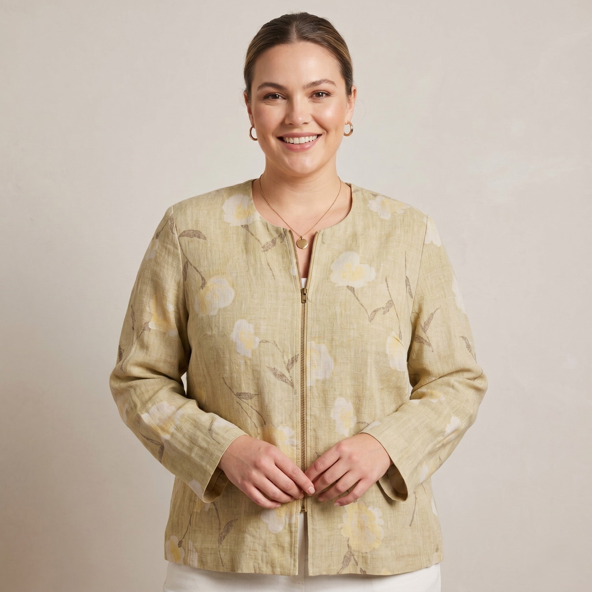 Mac Scott Women XL Blazer Green 100% Linen Floral Shoulder Pads Retro Full Zip Top