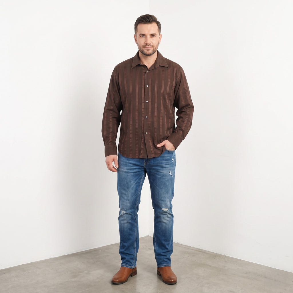 Ted Baker London Men 6 XL Casual Shirt Brown Shiny Striped Cotton Long Sleeve