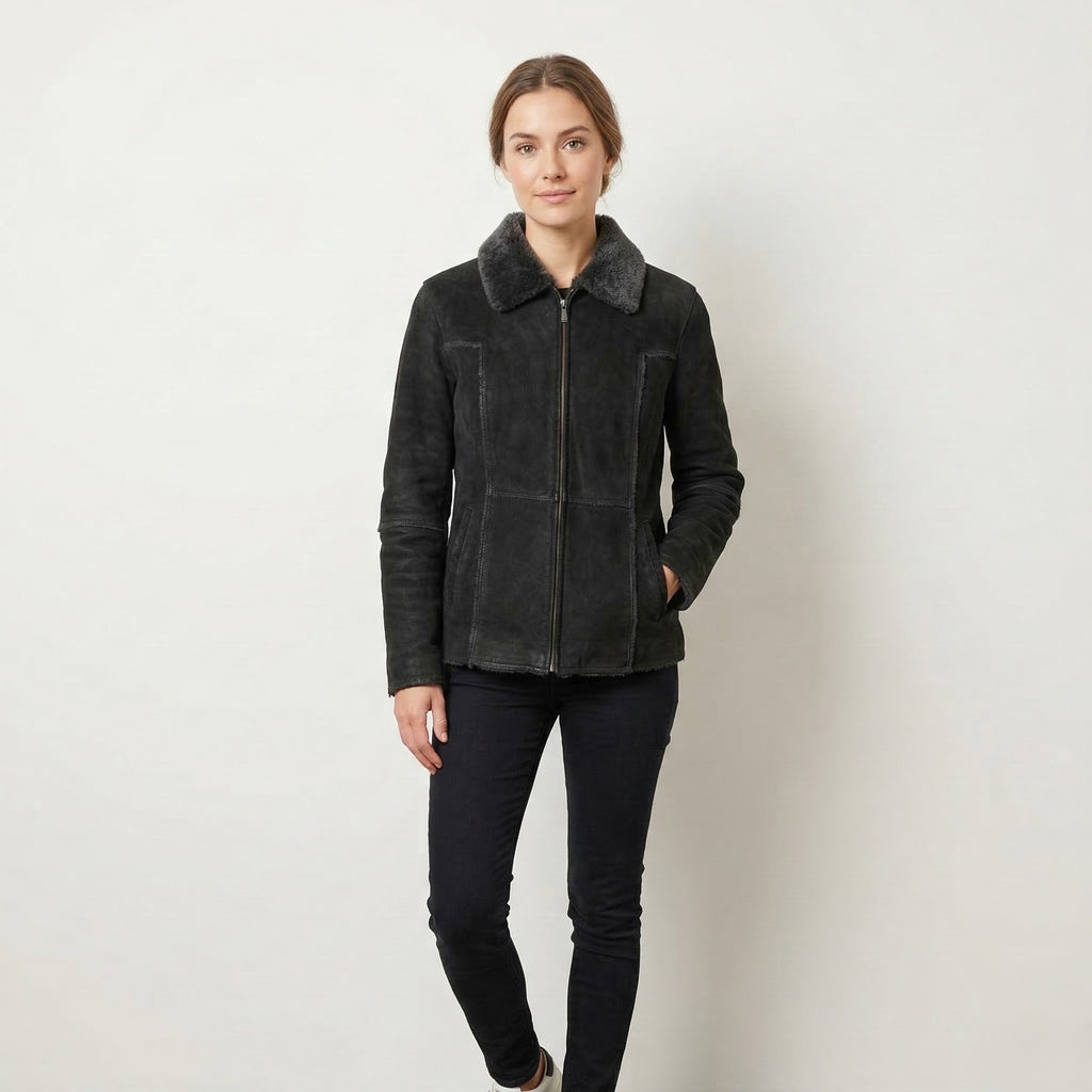 Joy Women 42 M Jacket Charcoal Leather Suede Full Zipper Fur Collar Top