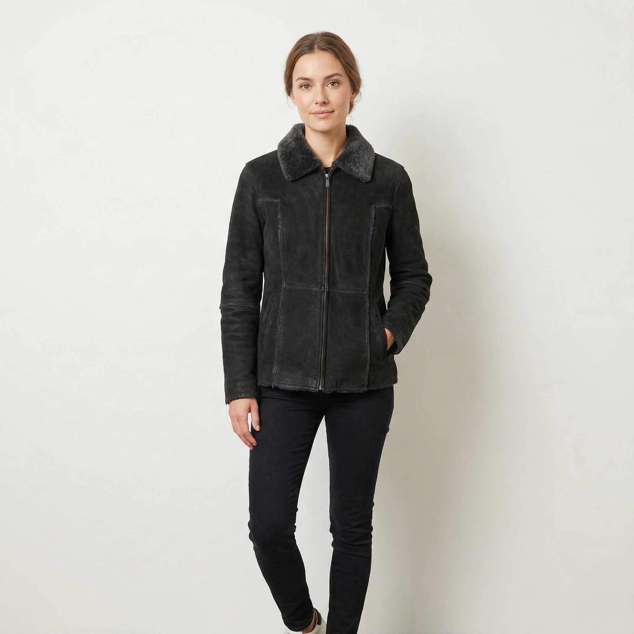 Joy Women 42 M Jacket Charcoal Leather Suede Full Zipper Fur Collar Top