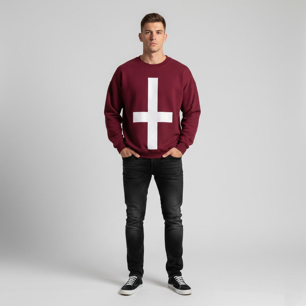 Gildan Men XXL Sweatshirt Maroon Cotton Cross Oversize Crewn Neck Top
