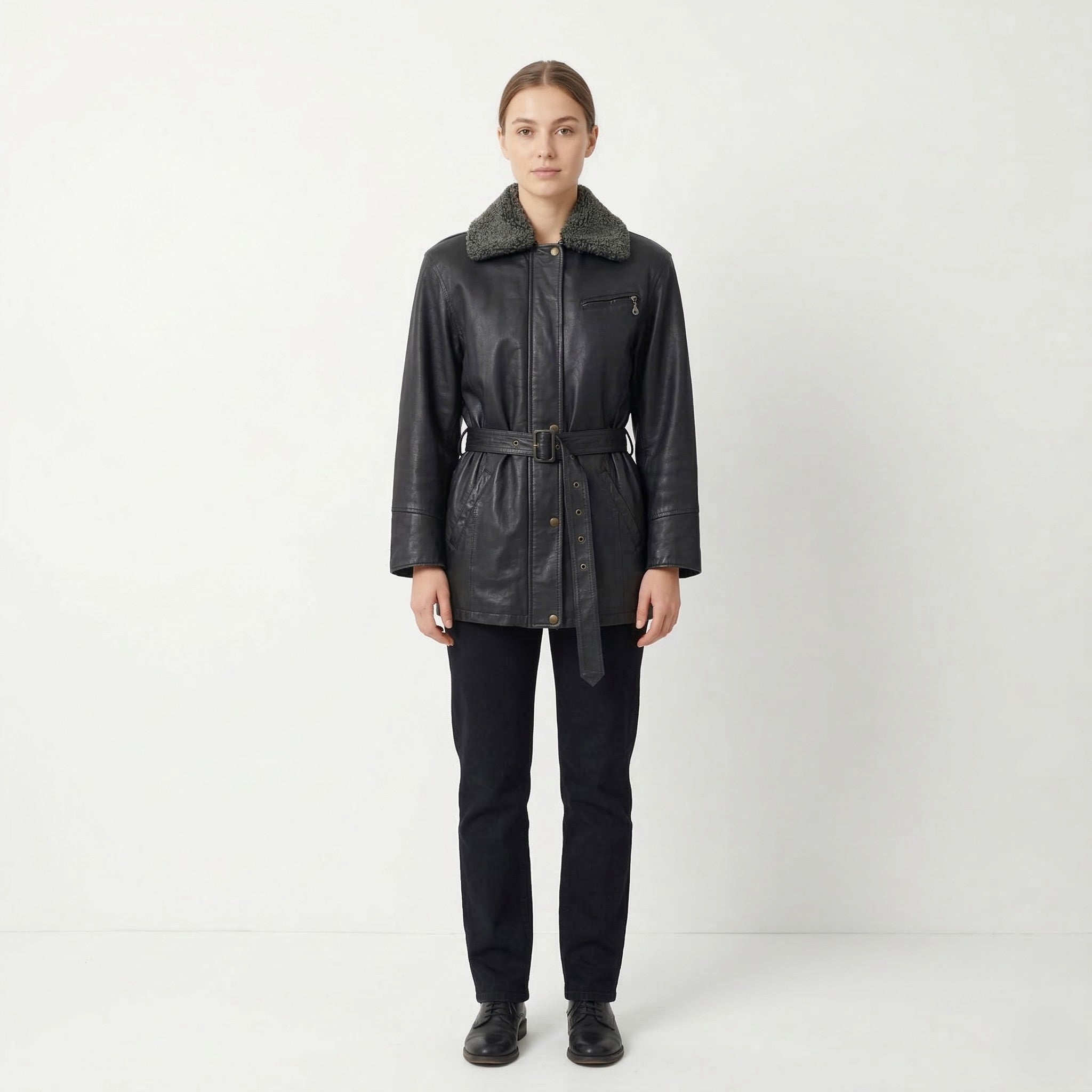 Landy Women M Jacket Black Leather Vintage Belted Biker Removable Trim Collar Top