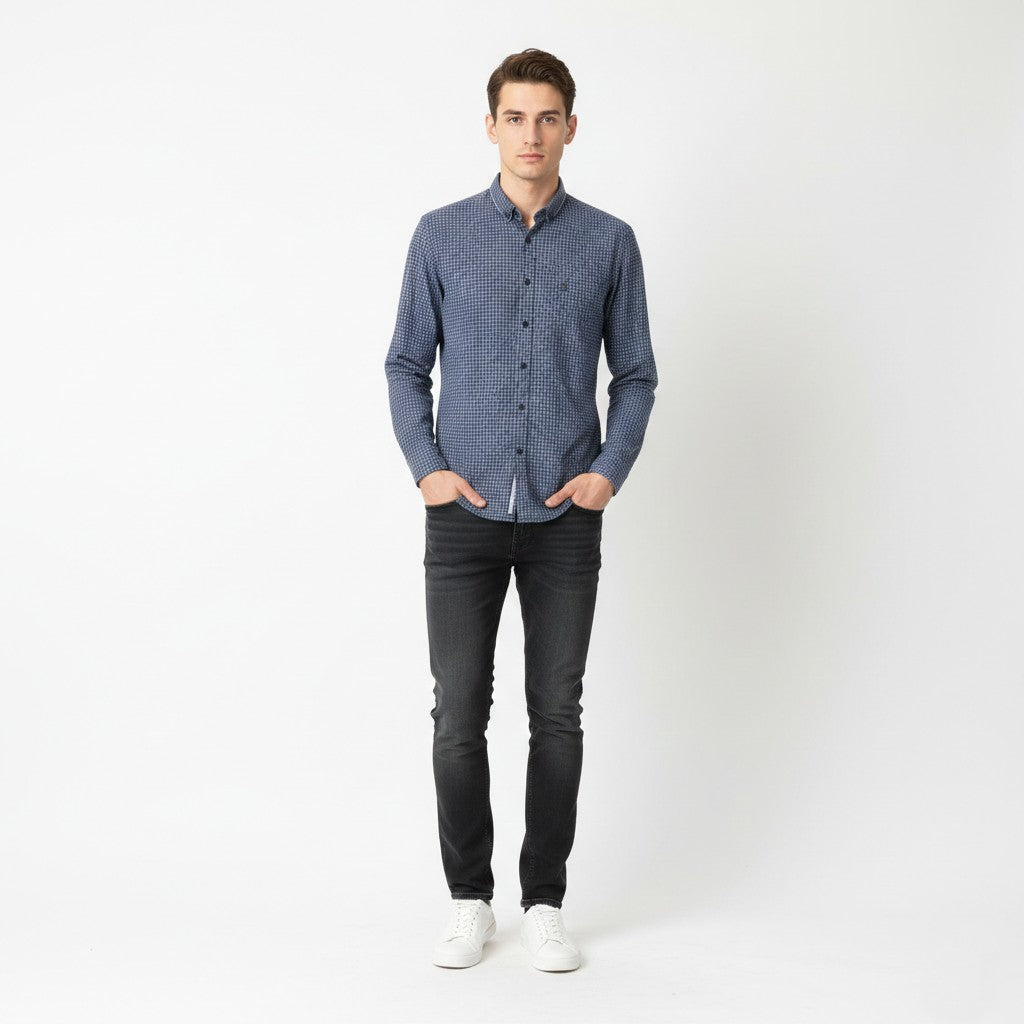 Diesel Co. Men S Casual Shirt Navy Check Cotton Button Down Collar Long Sleeve Top