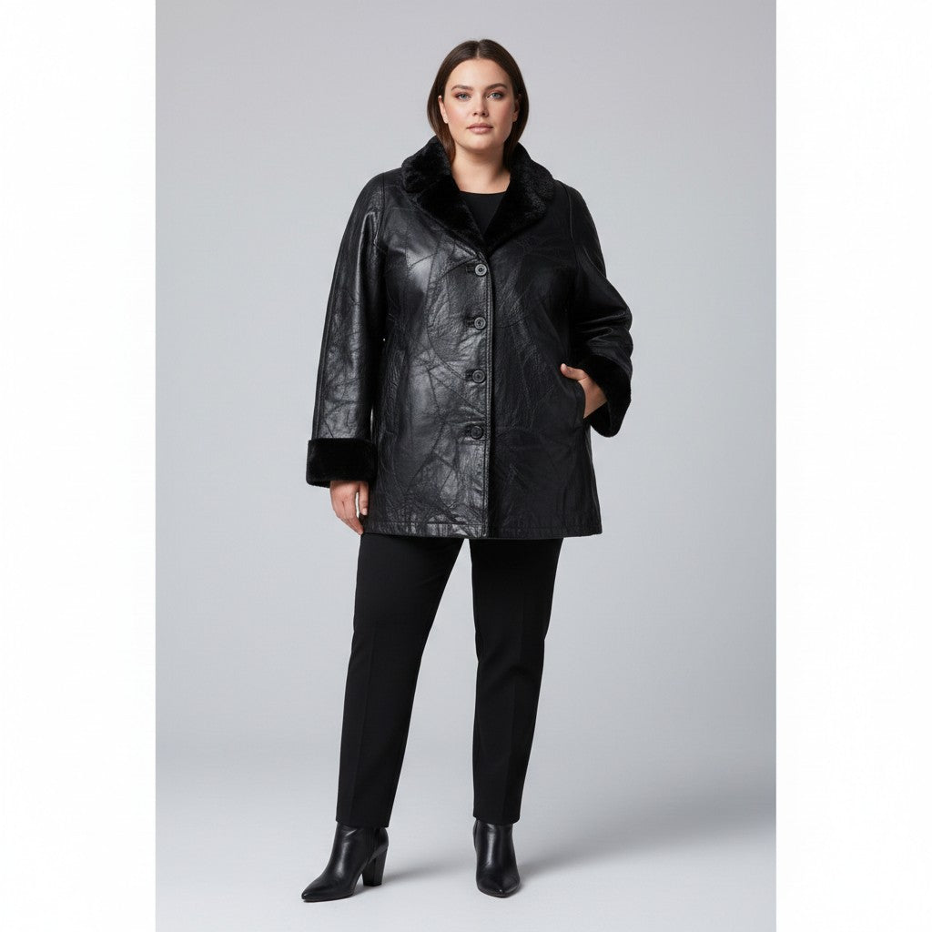Anne De Lancay Women XL Jacket Black Leather Vintage Cuir Veritable Doublure Single Breasted Coat