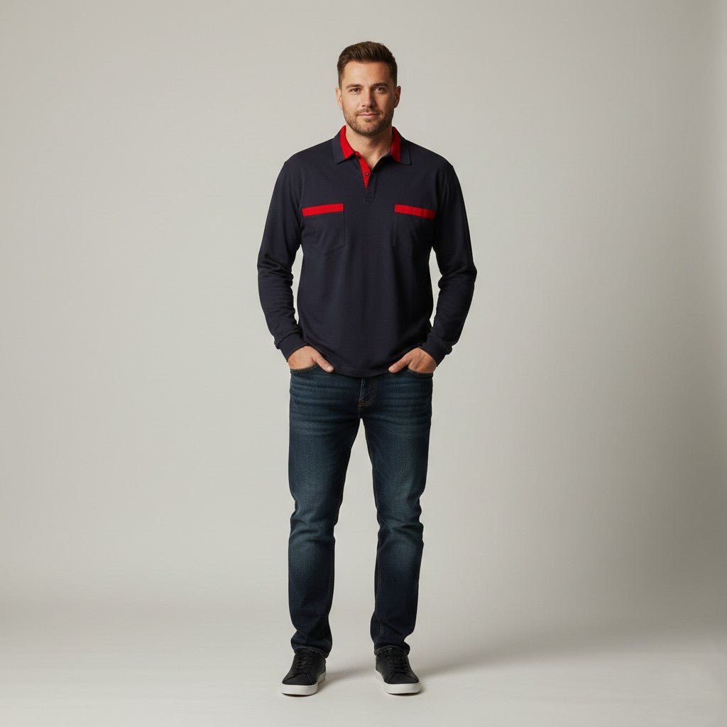 Roger Kent Men 62 XXL Polo Shirt Navy Cotton Vintage Pocket Long Sleeve Top