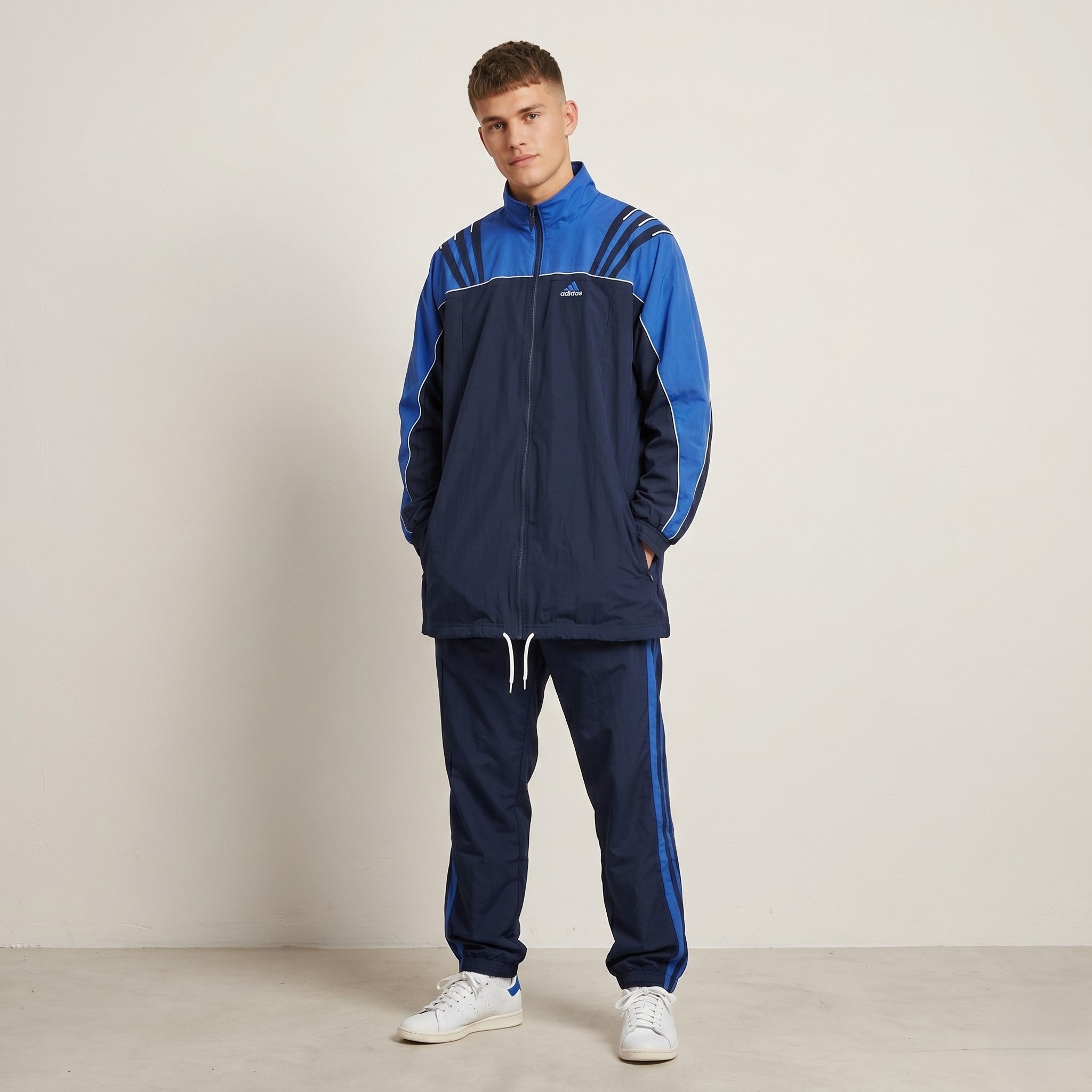 Adidas Men L 186 Jacket Navy Vintage Activewear Full Zip Bomber Sport Top
