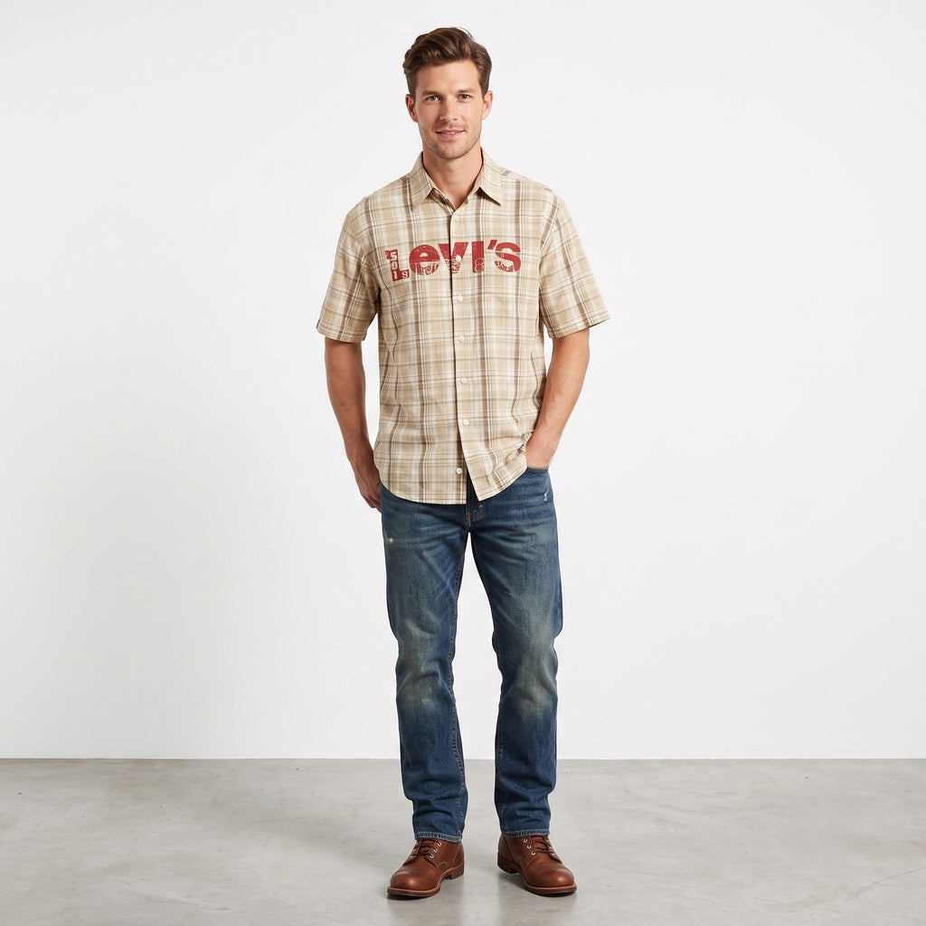 Levi's Type 1 Men XL Casual Shirt Brown Check Cotton Short Sleeve Logo Top
