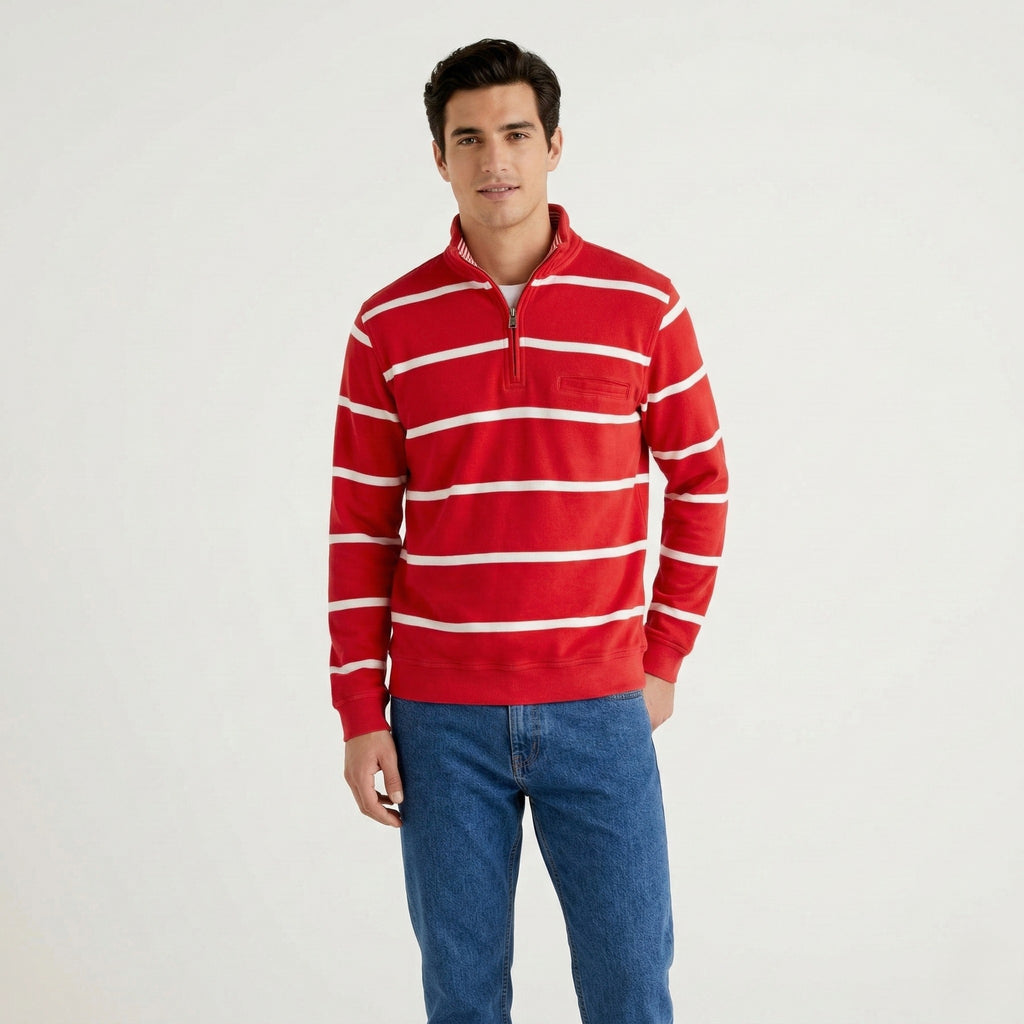 Pierre Cardin Men M Jumper Red Striped Cotton French Style Zip Neck Sweater