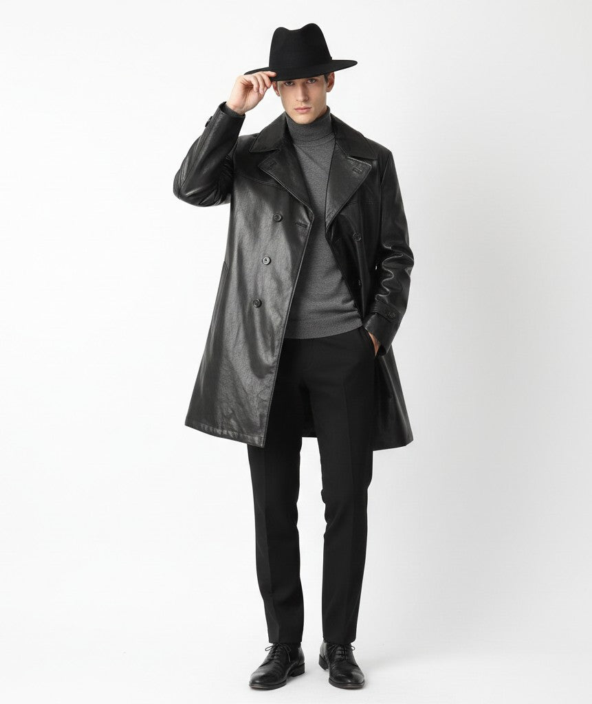 Manteau croisé en cuir pour homme Corneliani - Taille 54 XL, fabriqué en Italie