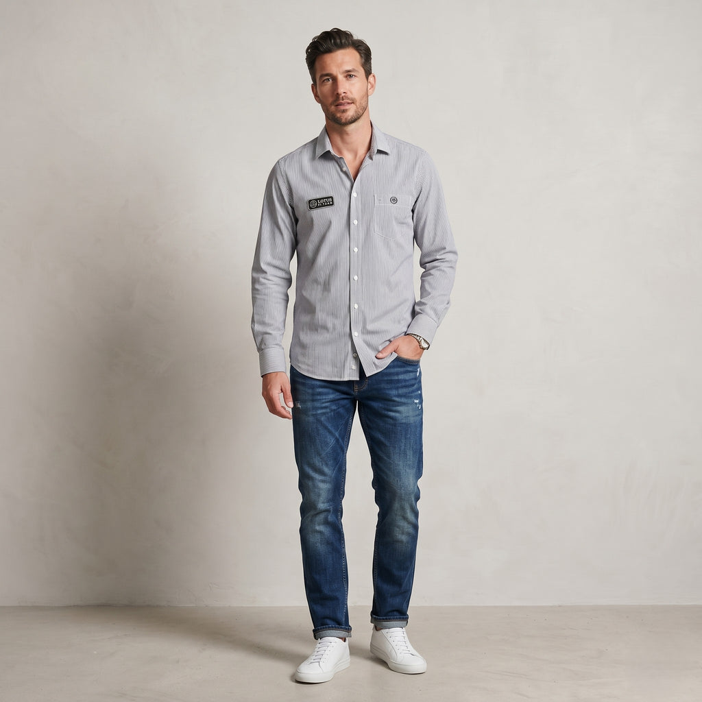 Henri Lloyd Men L Casual Shirt Gray Striped Cotton Regular Fit Long Sleeve Lotus Team Top