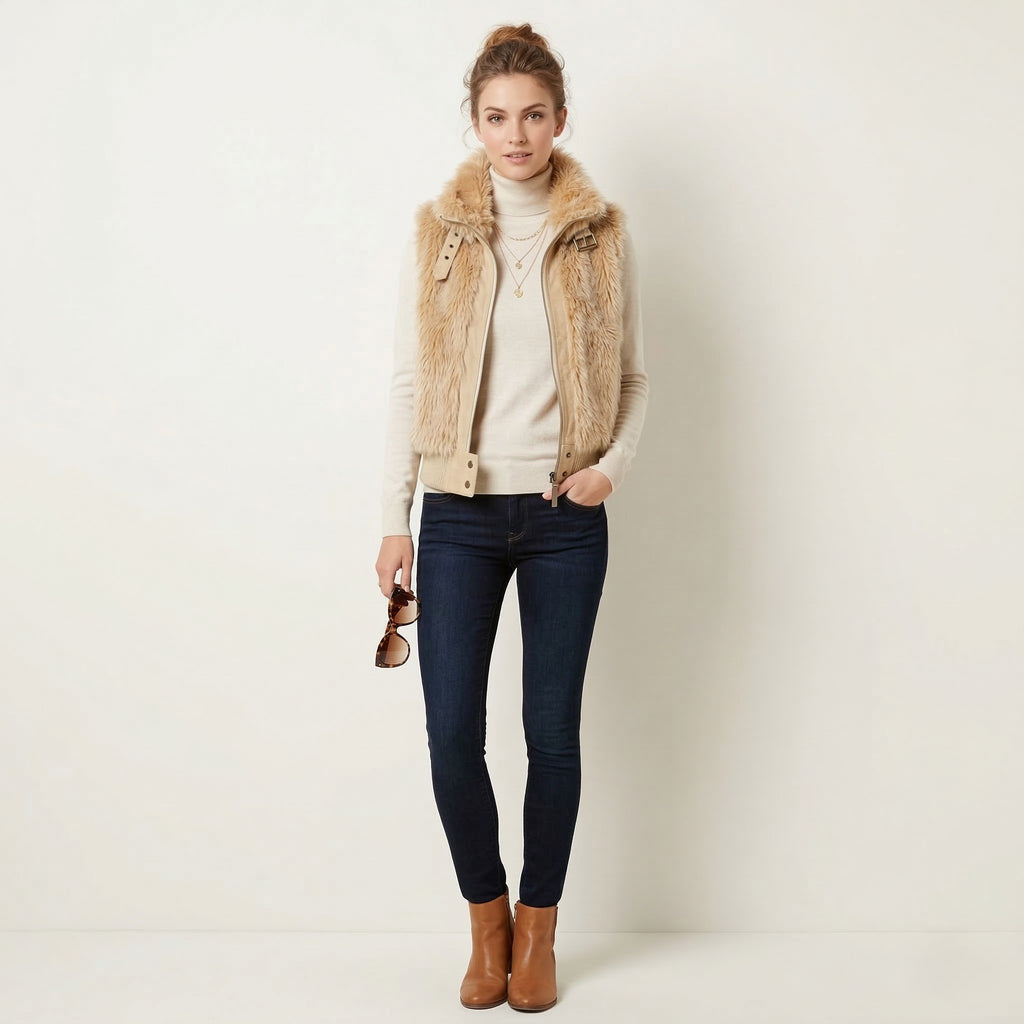 River Island Women 36 10 S Bodywarmer Beige Faux Fur Full Zip Boho Vest