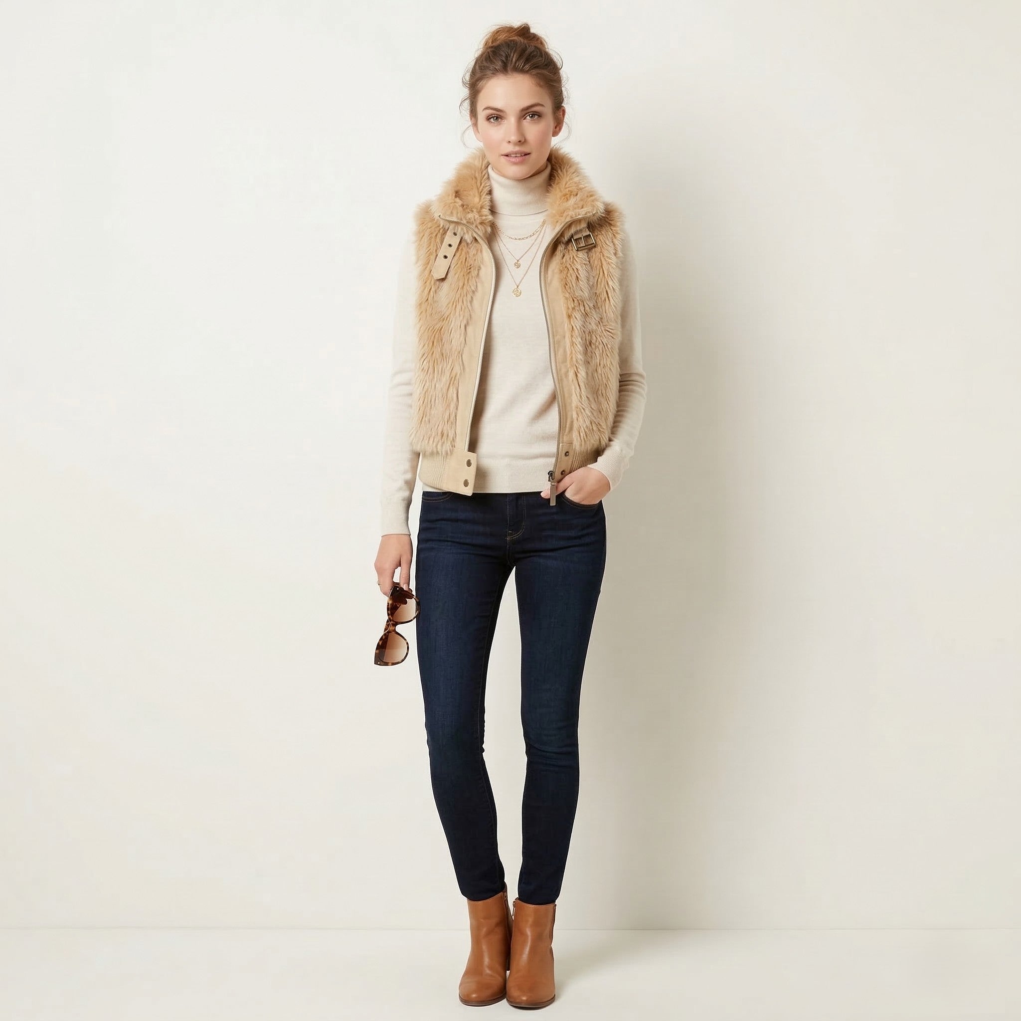 River Island Women 36 10 S Bodywarmer Beige Faux Fur Full Zip Boho Vest