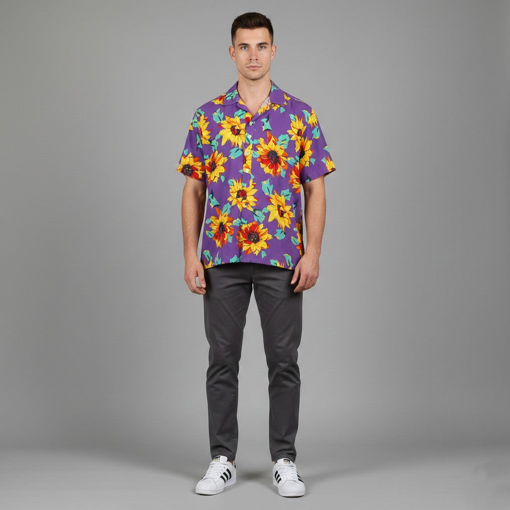 Division Hawaii Men M Casual Shirt Purple Pullover Floral Hawaii Soft Top