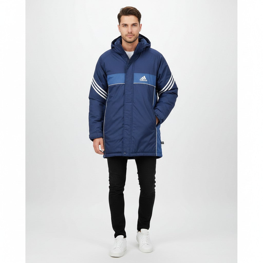 Adidas Men M 174 Jacket Blue Vintage Padded Nylon Waterproof Hidden Hood Parka