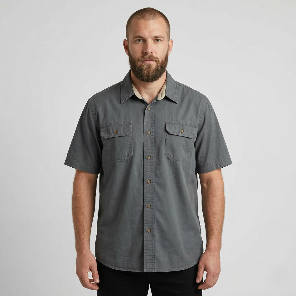 Wrangler Men L Casual Shirt Grey Cotton Sportswear Short Sleeve Retro Top