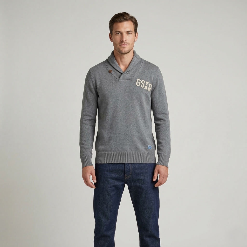 G-Star Raw Mens XL (L) Jumper Grey Cotton Sterling Shawl Coll Knit Sweater