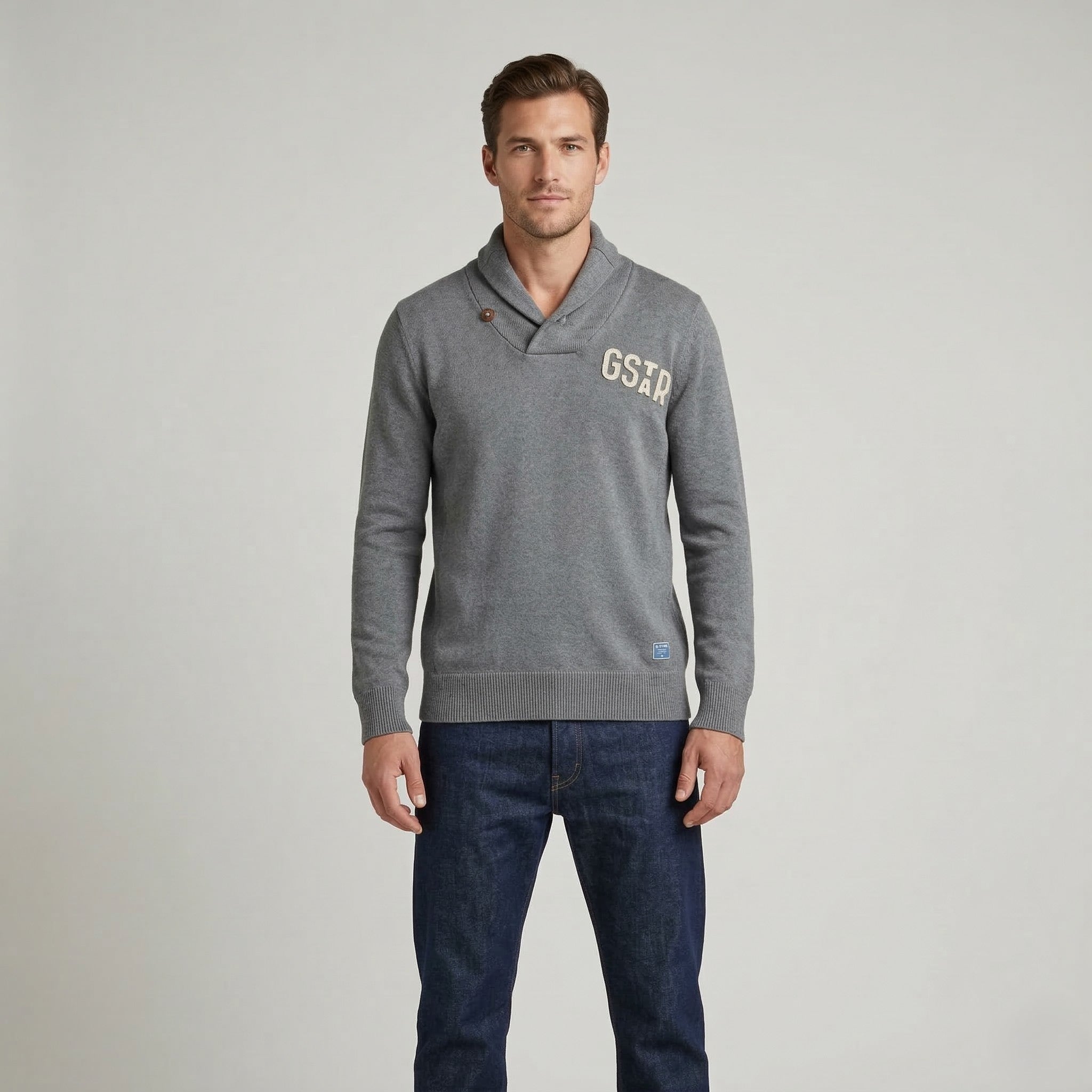 G-Star Raw Mens XL (L) Jumper Grey Cotton Sterling Shawl Coll Knit Sweater