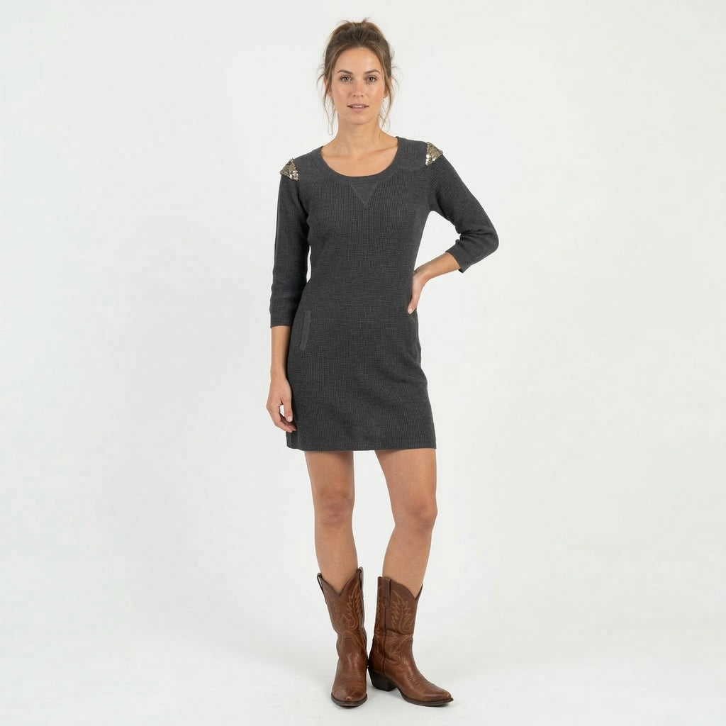 PULZ Jeans Womens S Jumper Grey Tunic Cotton Metal Detailed Long Sweater
