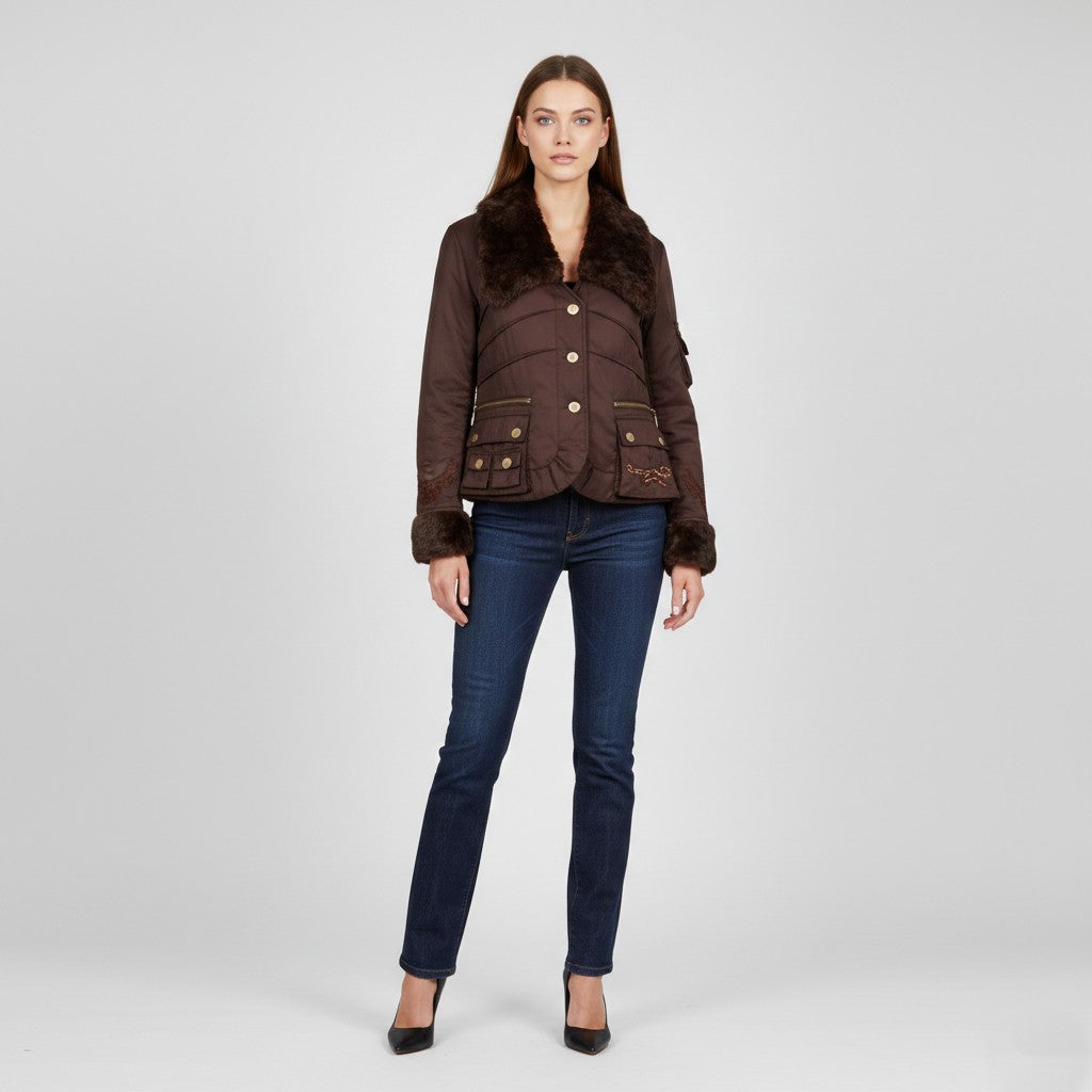 Just Cavalli Women S/M Jacket Brown Snaps Cotton Italy Collared Cropped Top