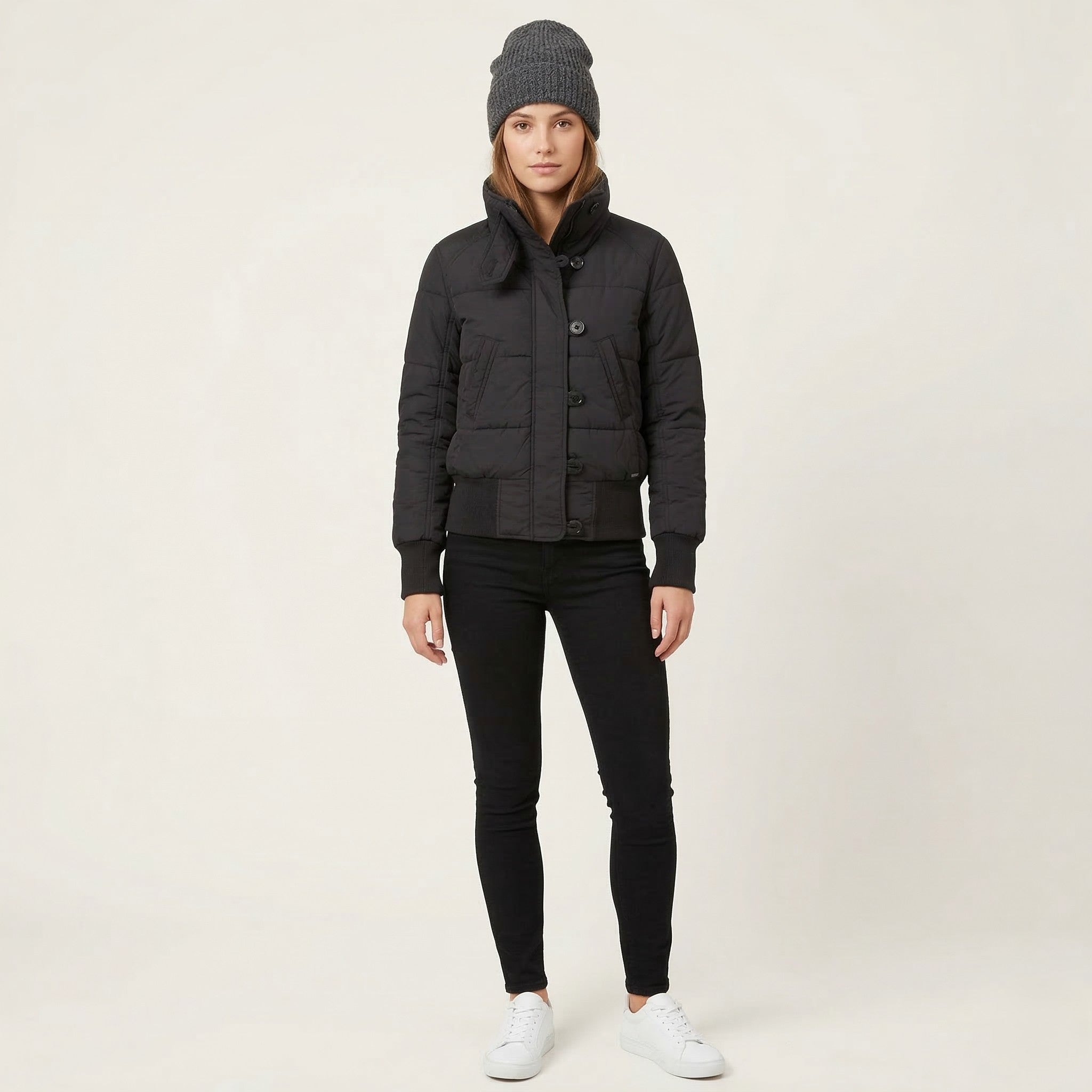 Levi's Women L (M) Jacket Black Nylon Padded Cropped Full Zipper Quilted Top