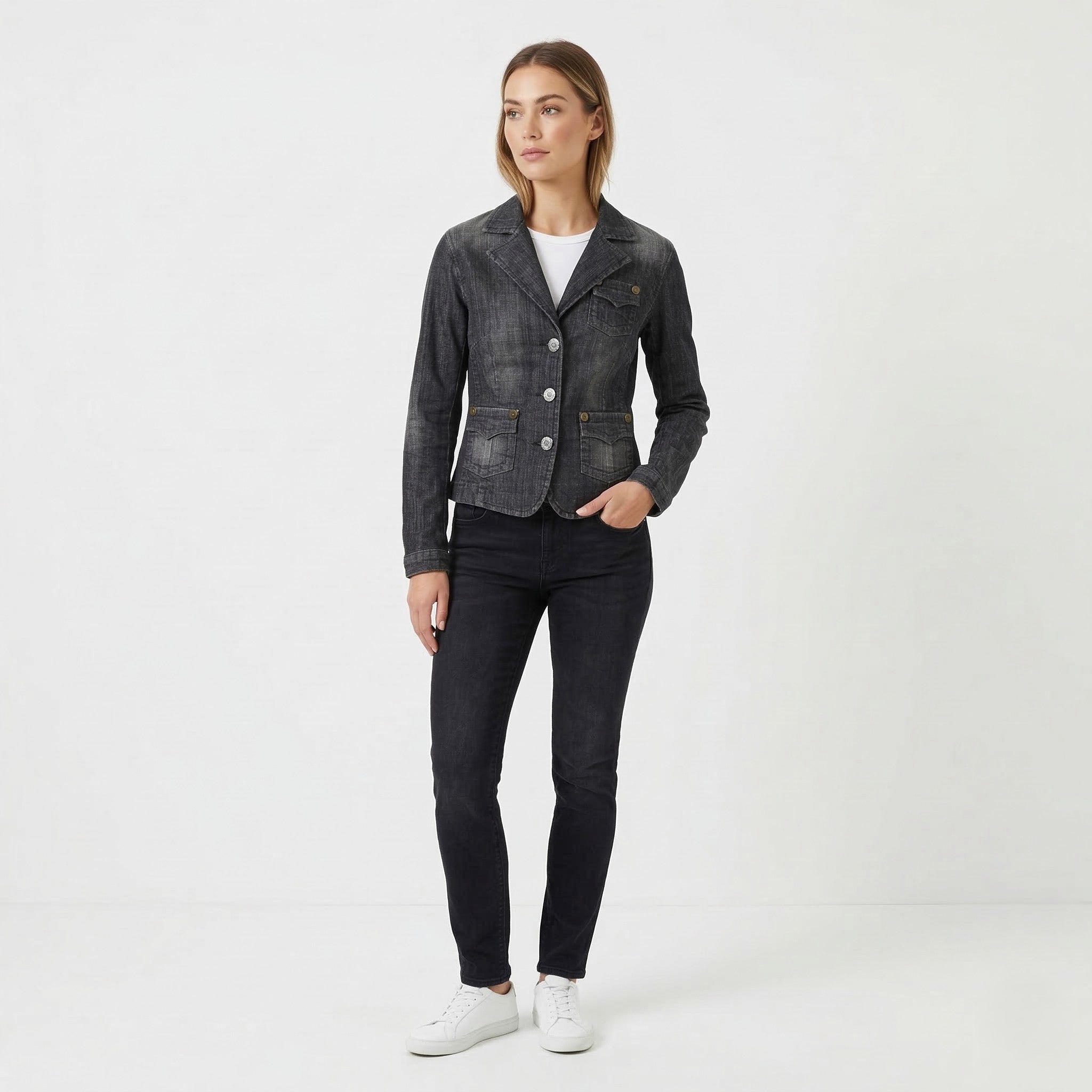 Marc Aurel Women 36 S Denim Jacket Gray Cotton Jeans Single Breasted Blazer