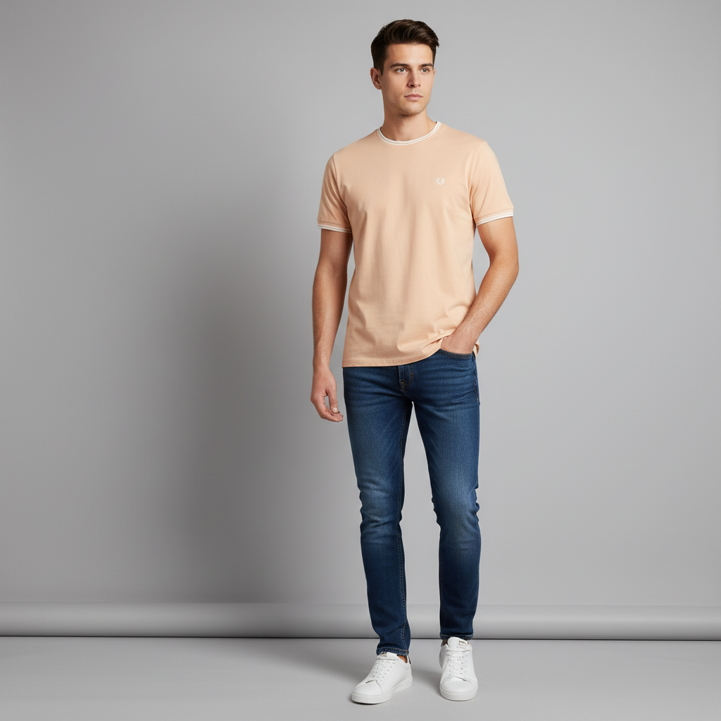 Fred Perry Men XL Shirt Peach 100% Cotton Vintage Classic Short Sleeve Top