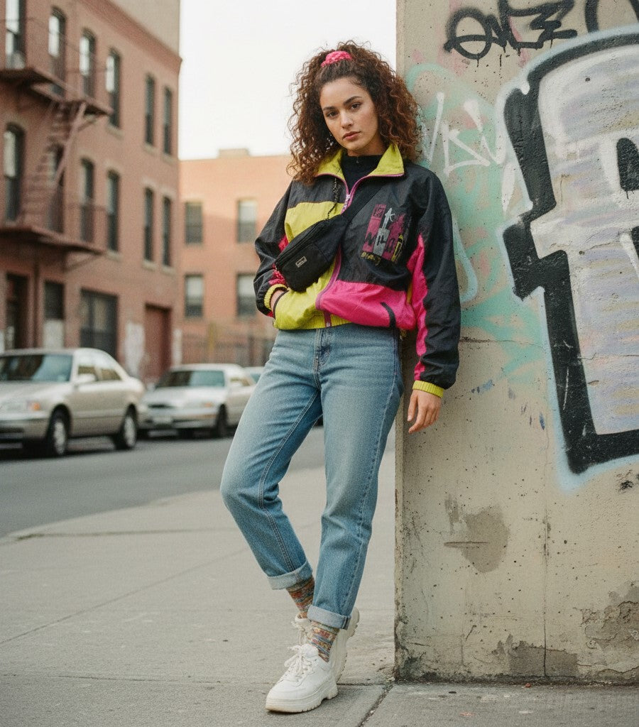 Vintage Women 12 42 Jacket Multicolour Oversize Zip Up Hidden Hood Retro Lightweight Top