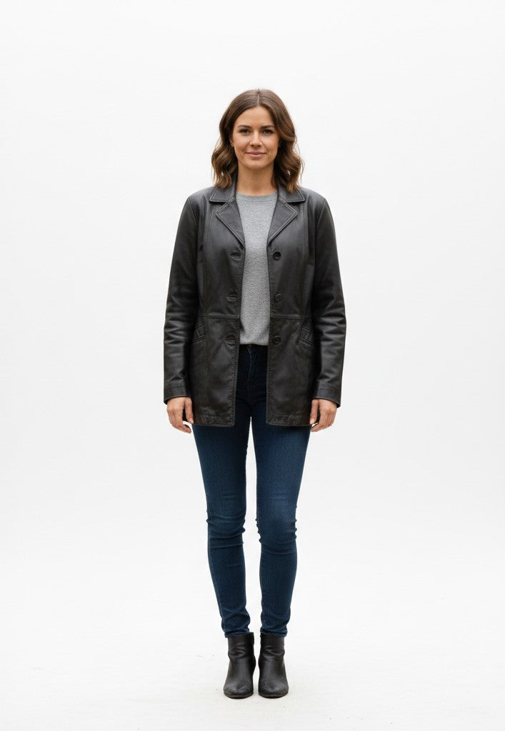 JOY Women 44 L Jacket Vintage Black Leather Shoulder Pads Buttoned Retro Top