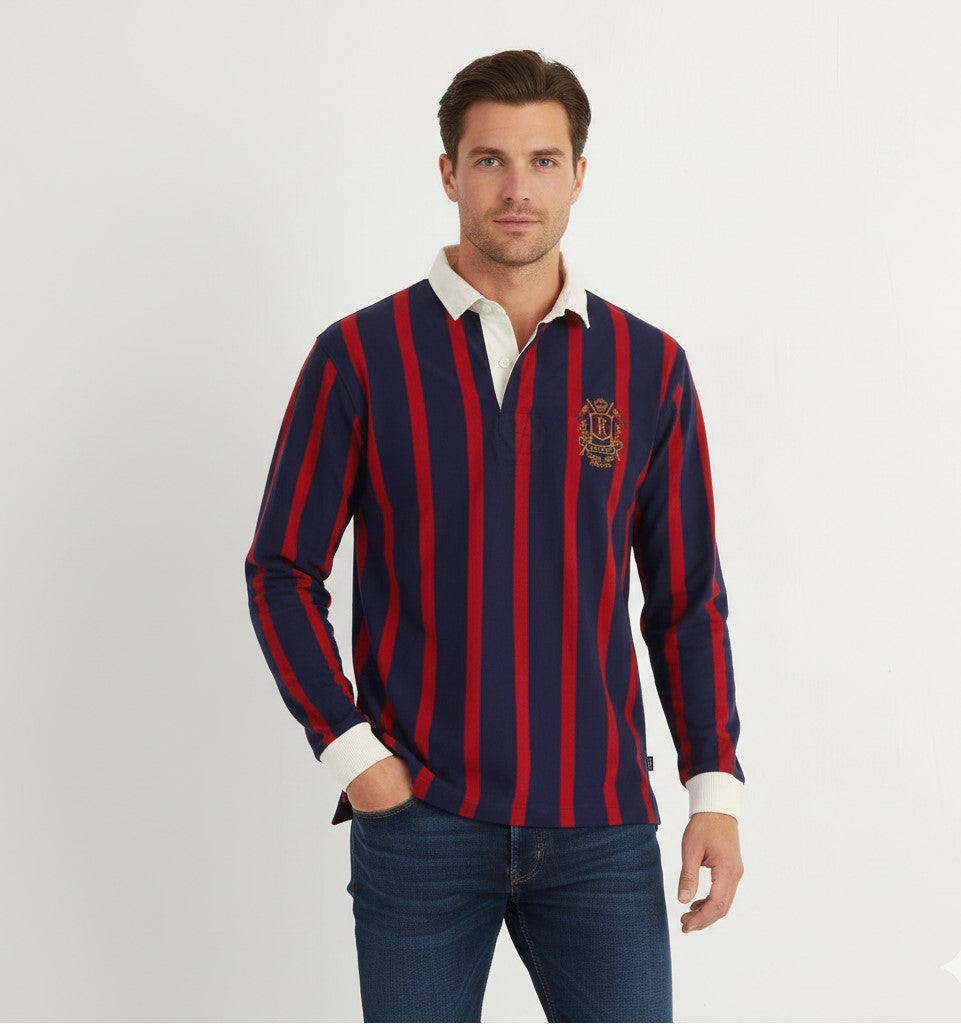 JOULES Men XL Polo Shirt Navy Striped England Rugby Club Long Sleeve Top
