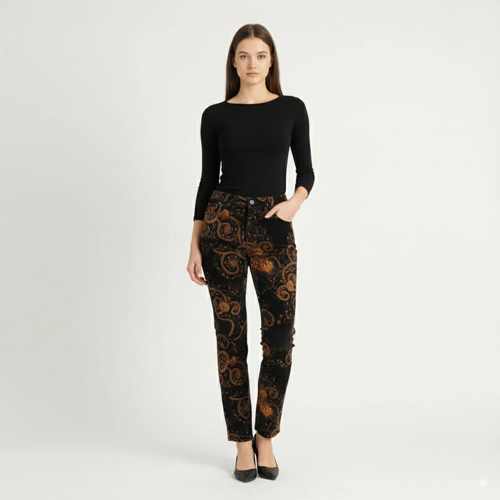 New La Strada Women 42 Trousers Brown Cotton Stretch Design Casual Pants