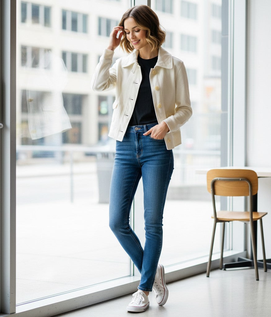 LAUREN Jeans Company Women M Sweatshirt Cream Cotton Buttoned Casual Top