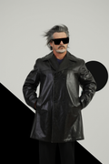 Corneliani Men 54 XL Cpoat Black Leather Double-Breasted Made in Italy