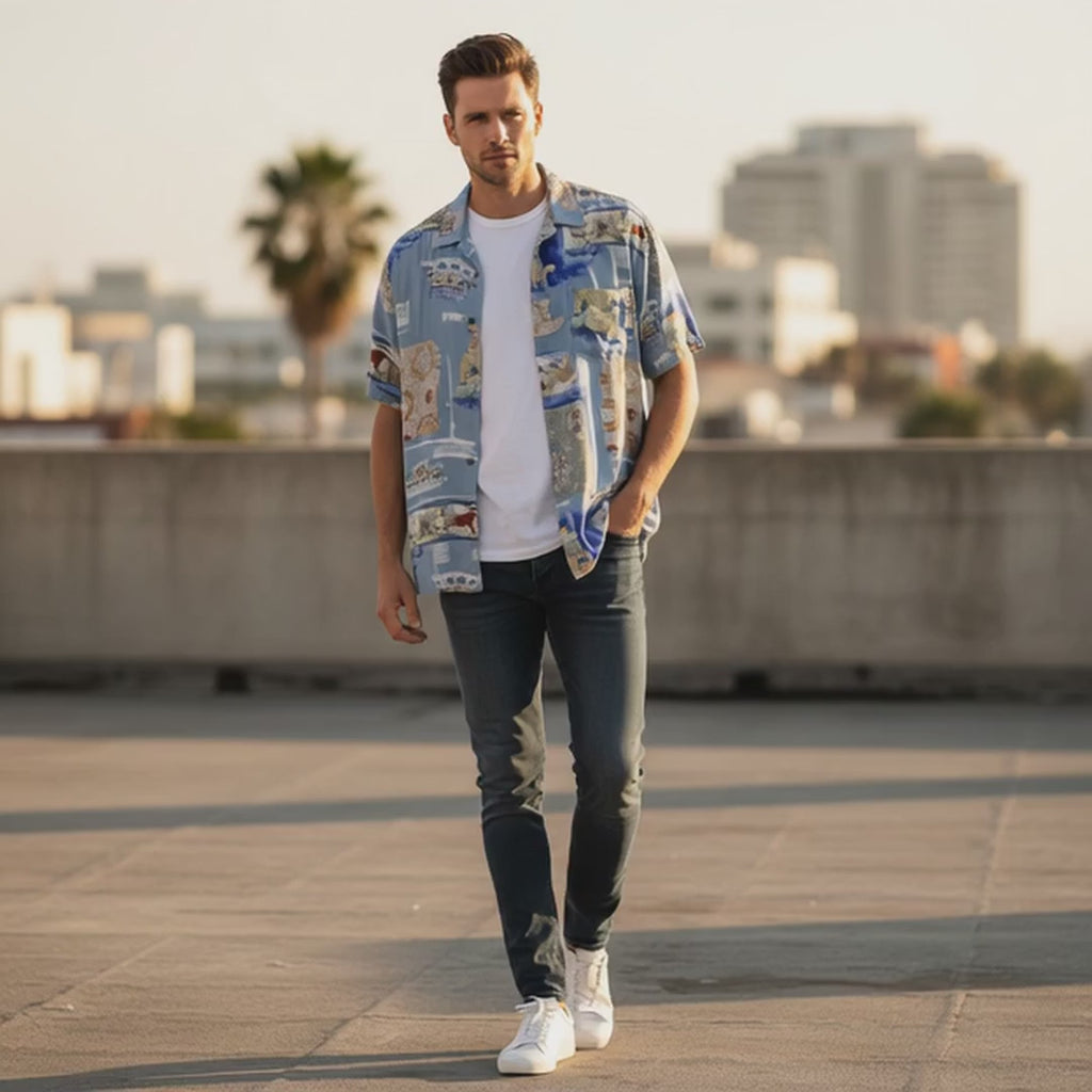 Globe Trotter Men XL Casual Shirt Blue Soft Cotton Vintage Printed Pocket Top