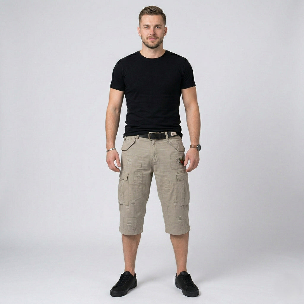 Plusminus By Chiemsee Men XL Shorts Beige Cotton Cargo Combat Embroidered
