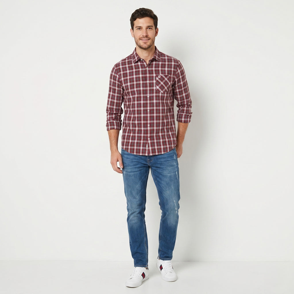 Penguin Men L Casual Shirt Maroon Check Cotton Classic Fit Long Sleeve Top