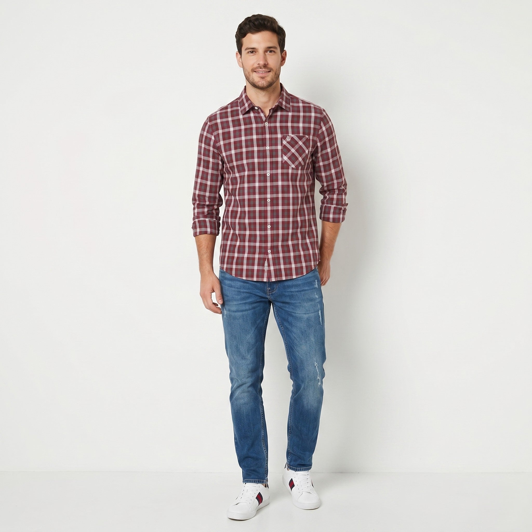 Penguin Men L Casual Shirt Maroon Check Cotton Classic Fit Long Sleeve Top