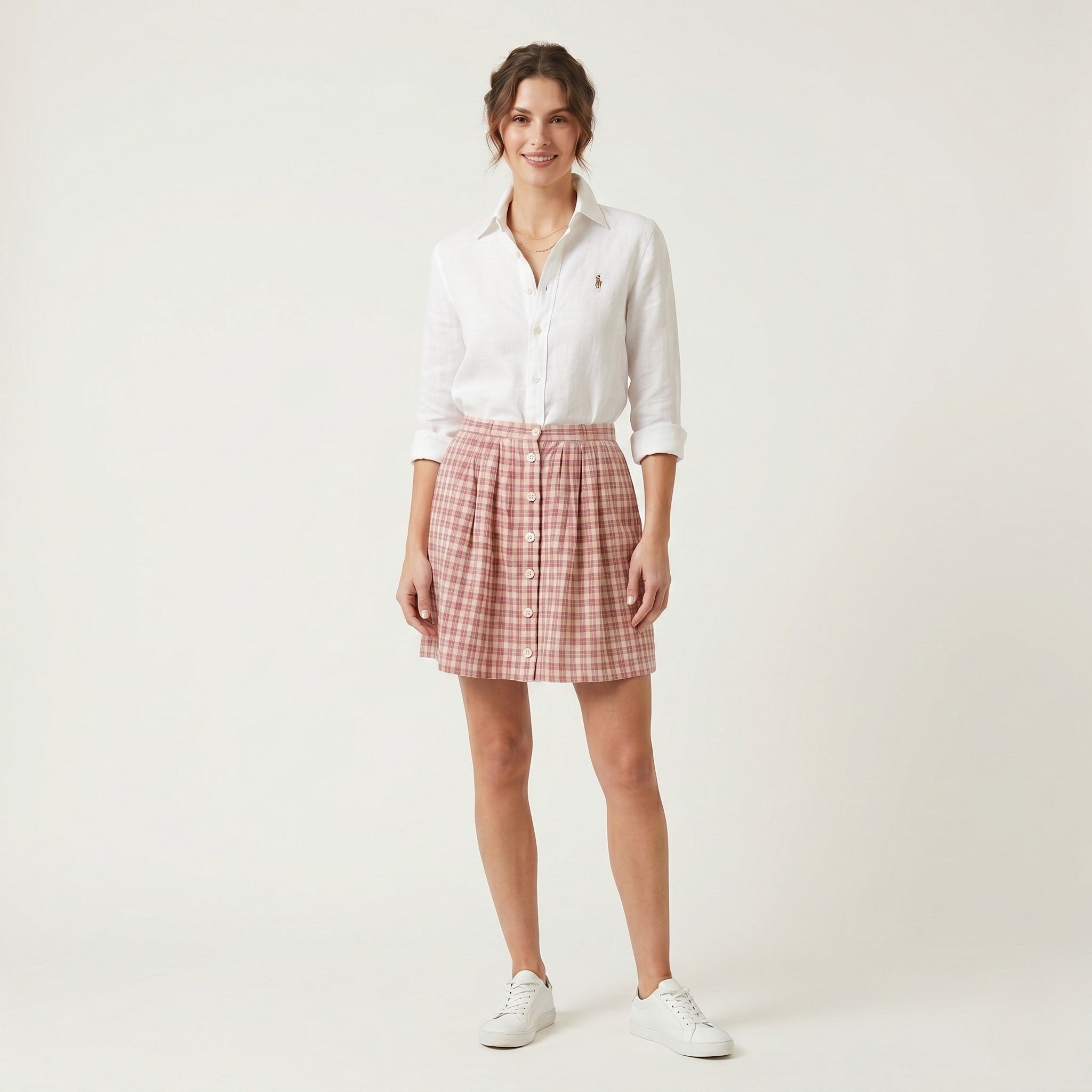 Ralph Lauren Women 6 S Mini Skirt Beige Red Check 100% Linen Buttoned