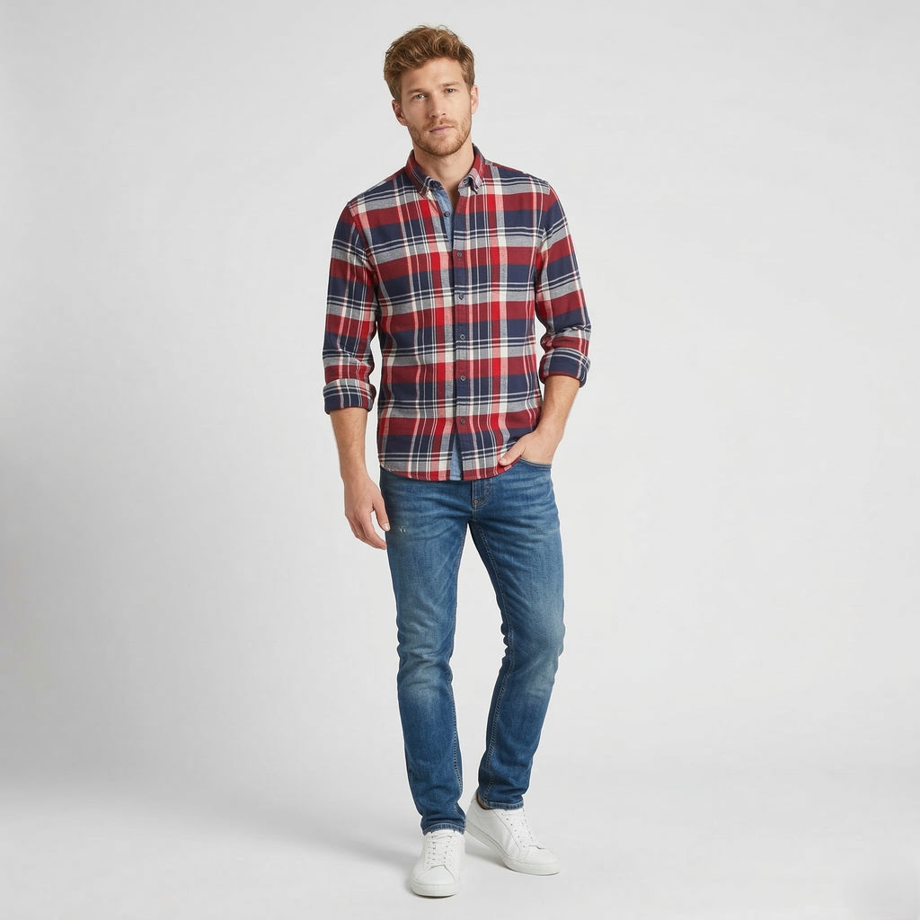Pretty Green Men L Casual Shirt Red Check Pullover Cotton Long Sleeve Top