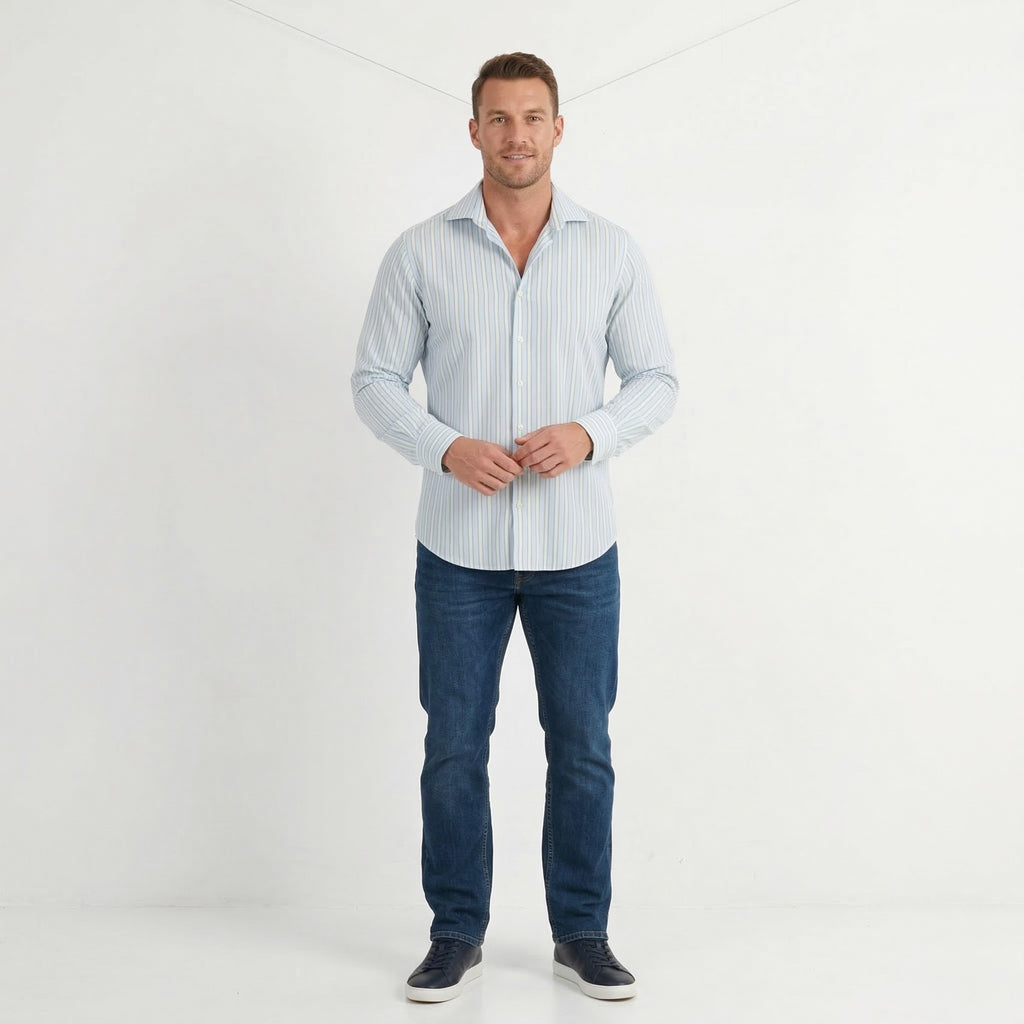 Merona Men L Casual Shirt Blue Striped Cotton Long Sleeve Elegant Top