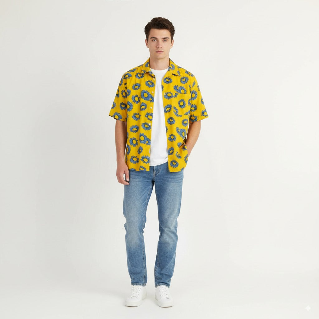 ETNIC Men L Casual Shirt Yellow Sunflowers Print Vintage Cotton Short Sleeve Top