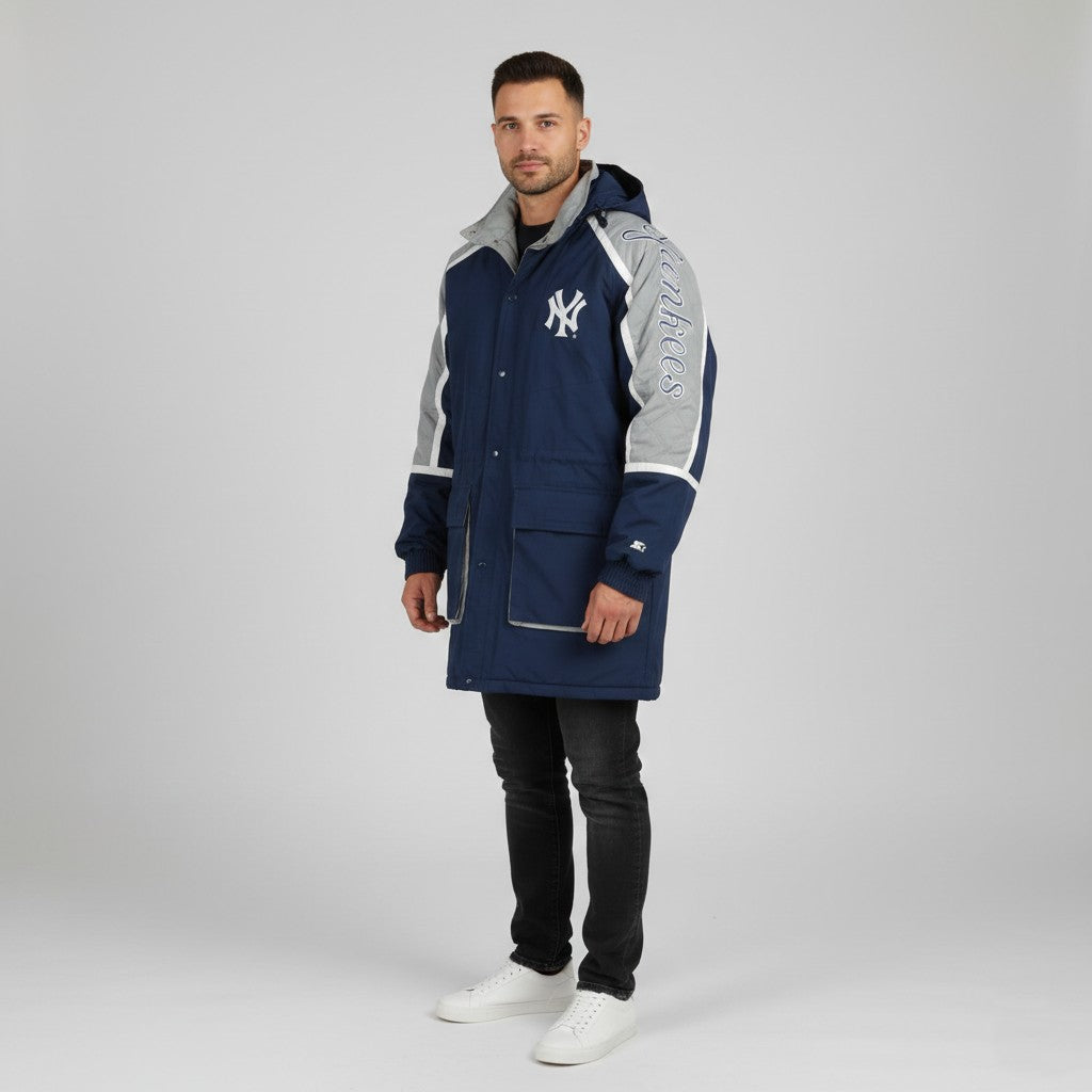 STARTER New York Yankees Men M Jacket Navy Puffer Hood Zip Up NY Vintage Parka