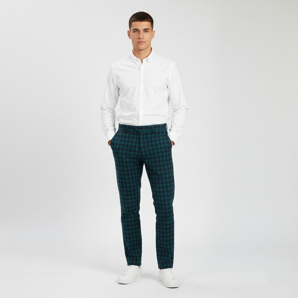 Chemise Lacoste Men 42 Trousers Checkered Green Elegant Classic Wool Pants