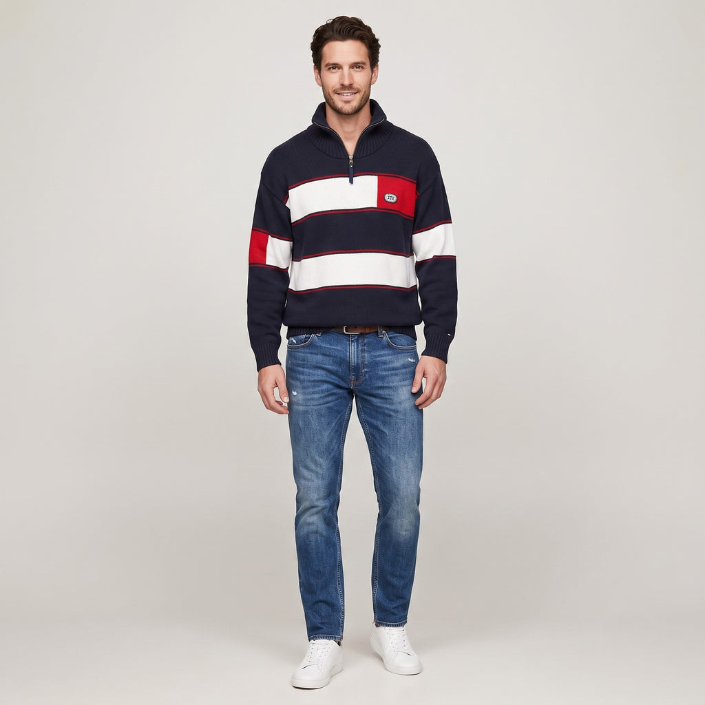 Navy Men M Jumper Navy Blue Zip Neck Collar Striped Long Sleeve Marine Top