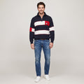 Navy Men M Jumper Navy Blue Zip Neck Collar Striped Long Sleeve Marine Top