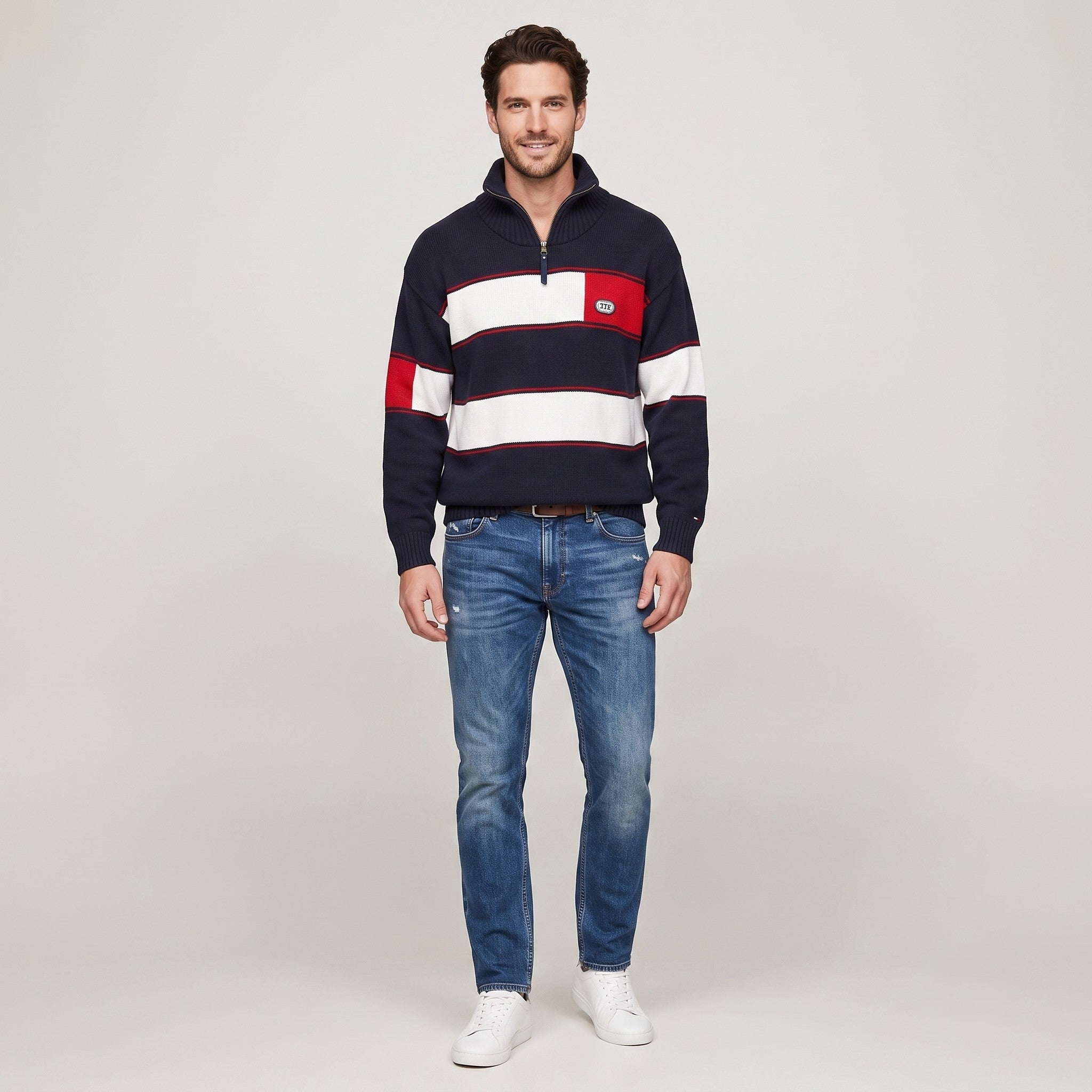 Navy Men M Jumper Navy Blue Zip Neck Collar Striped Long Sleeve Marine Top