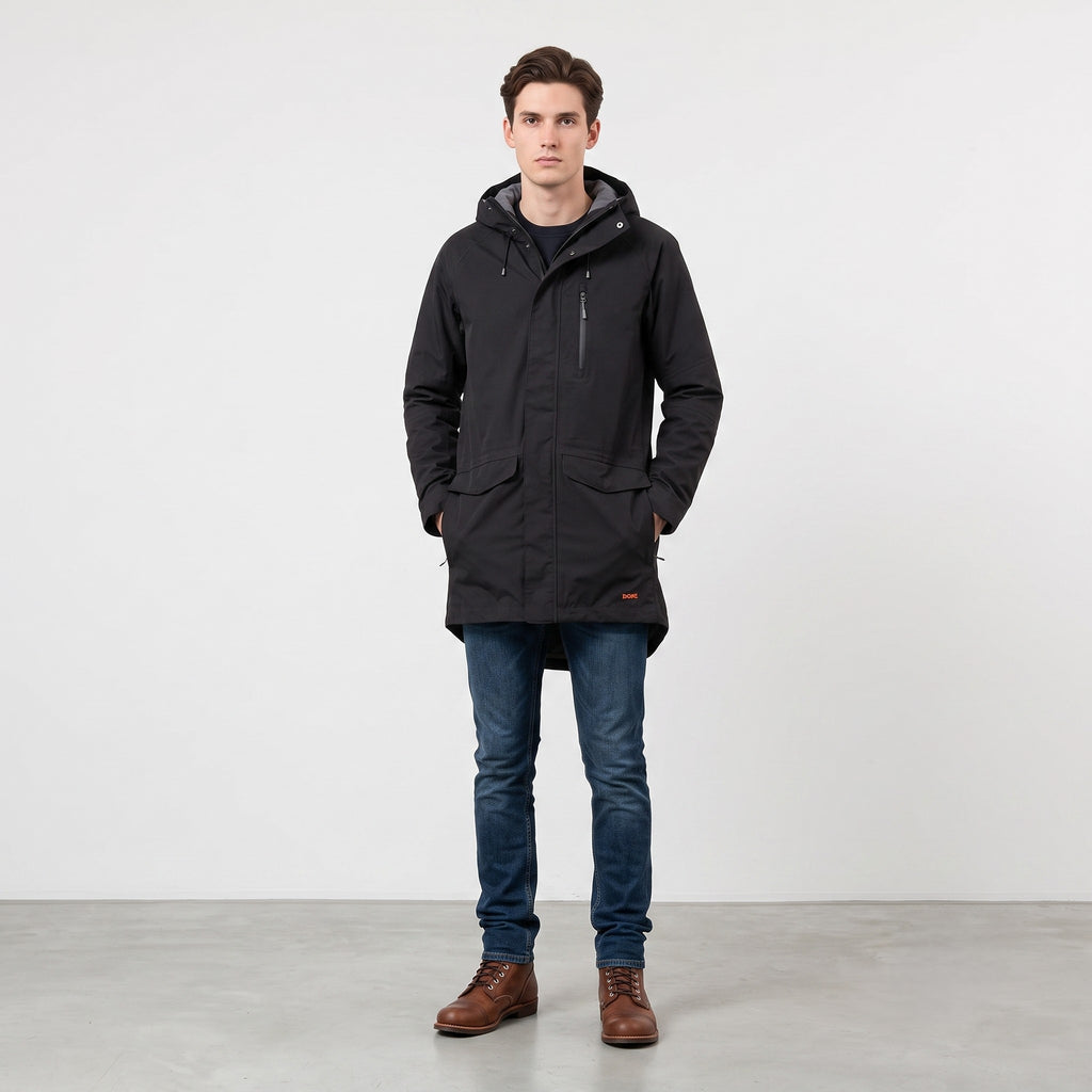 Swims Men S Jacket Black Full Double Zipper Waterproof Vintage Hood Pockets Parka Top