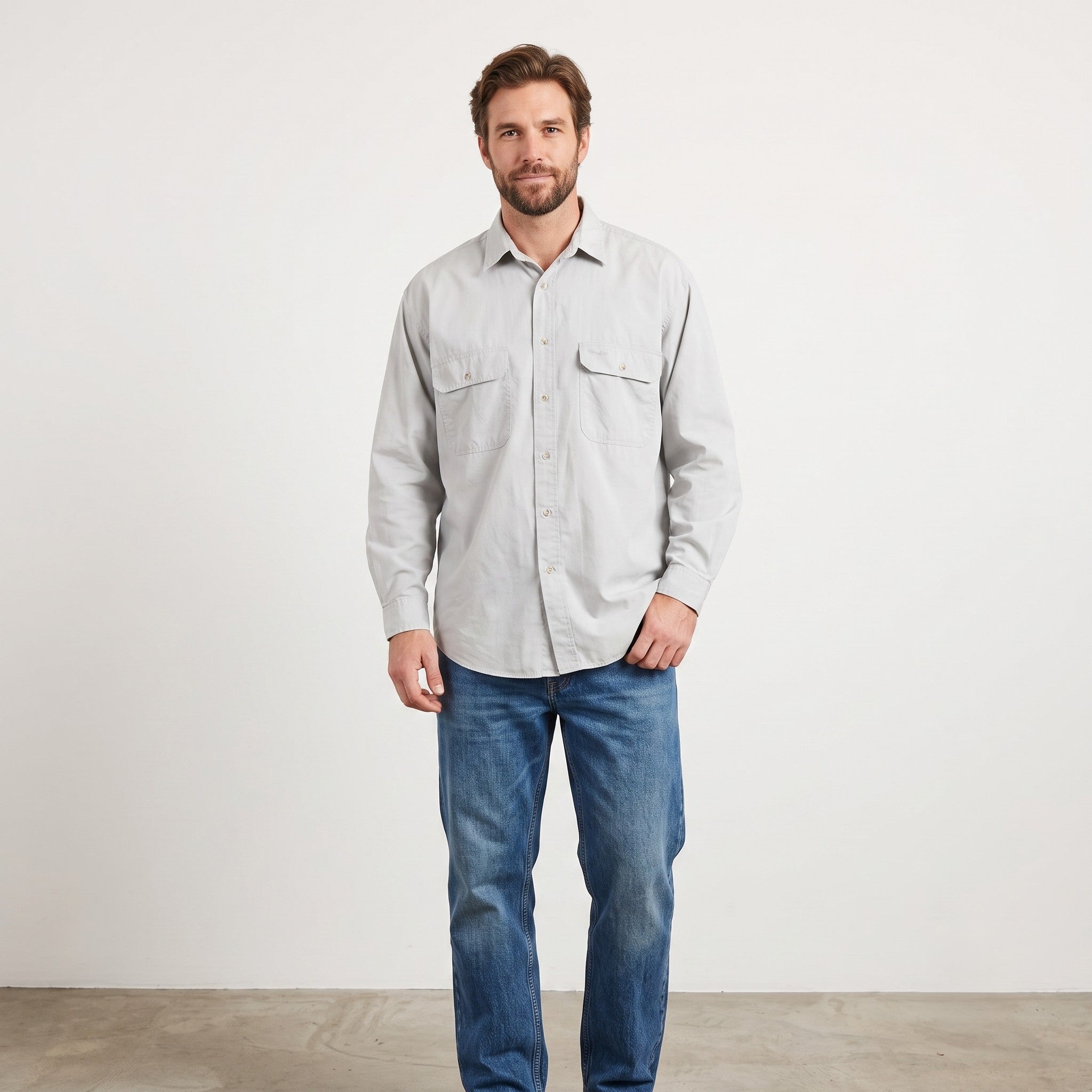 Wrangler Men L Casual Shirt Light Grey Cotton Vintage Quality Clothing Long Sleeve Top