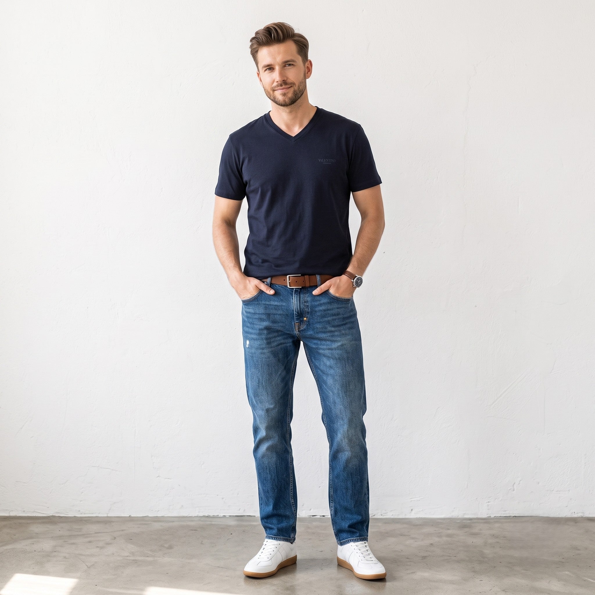 Valentino Jeans Men XXL 54 (L) Shirt Navy 100% Cotton V Neck Classic Logo Plain Top